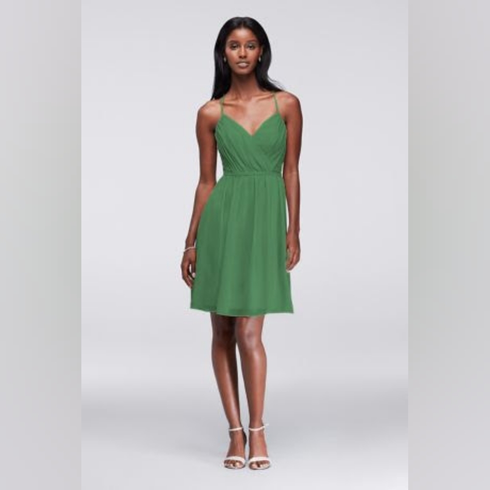 David's Bridal chiffon dress with pleated bodice and strappy back